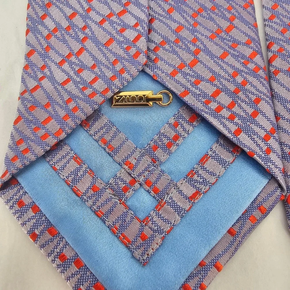 Zilli Textured Silk Tie Lavender Blue Orange Geometric‎ Handmade France Luxury